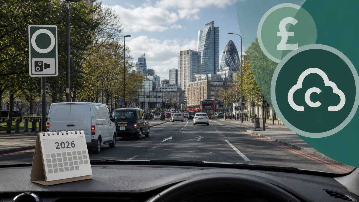 Photo-realistic view through a car windscreen of a London road with subtle charging and clean-air visual overlays.