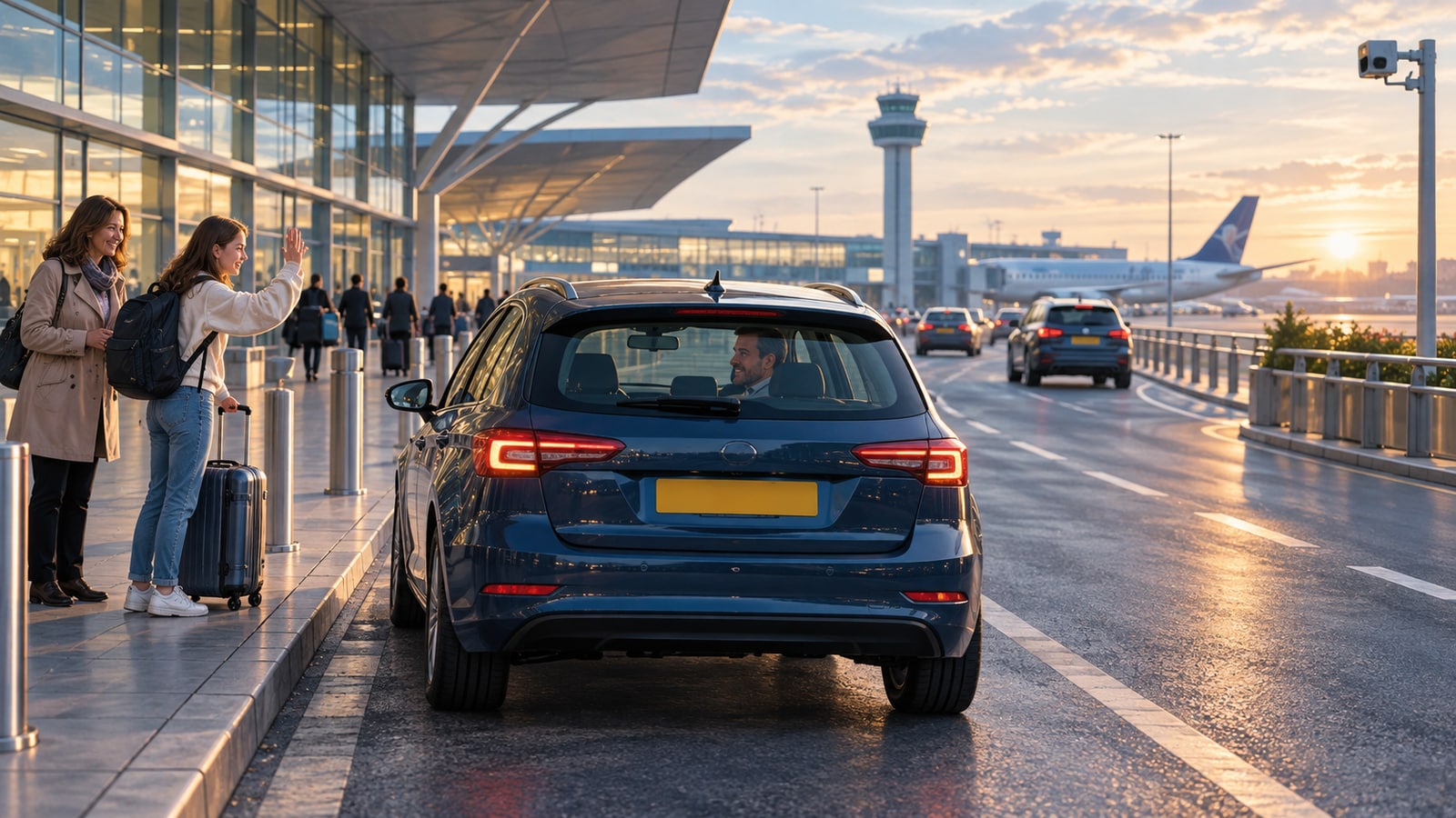 Illustration of passengers saying goodbye beside a car at a barrierless airport drop-off forecourt in morning light.