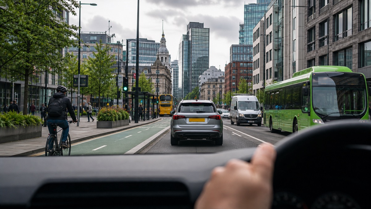 A Greater Manchester street with buses, vans, cyclists, and cleaner transport cues seen from a driver's viewpoint.