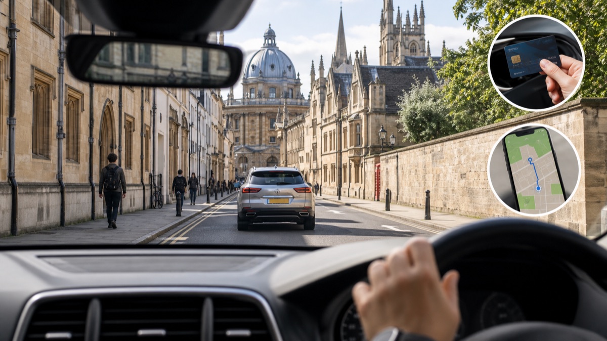 A driver's view of a car on a narrow Oxford street with map and payment-card overlays.