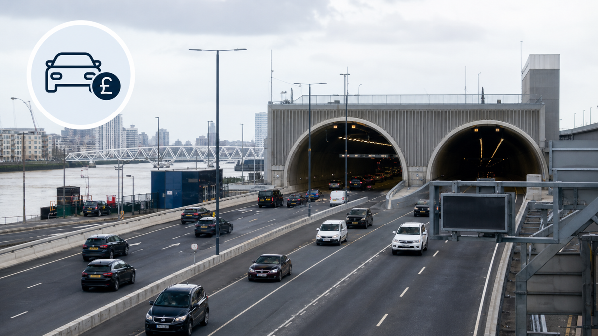 Photo-realistic tunnel approach beside the Thames with a small vehicle charge overlay.