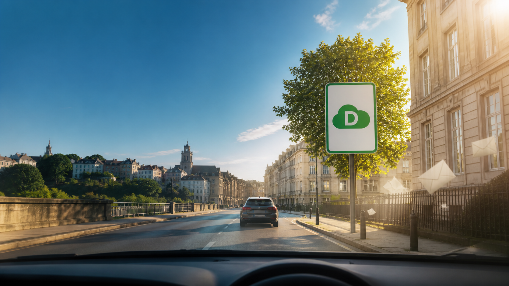 Driver’s view of an unbranded clean-air-zone sign on a sunny city street, with subtle envelope shapes representing correspondence.
