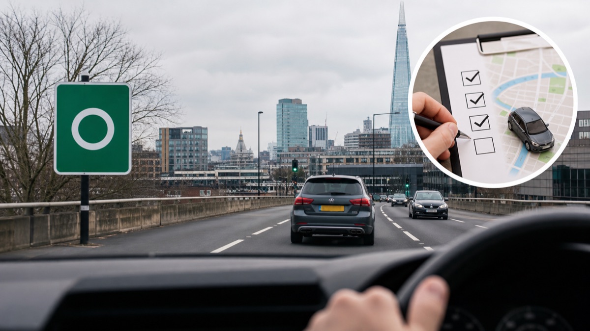 A driver's view of a UK city approach road with a clean-air-zone-style sign and checklist overlay.