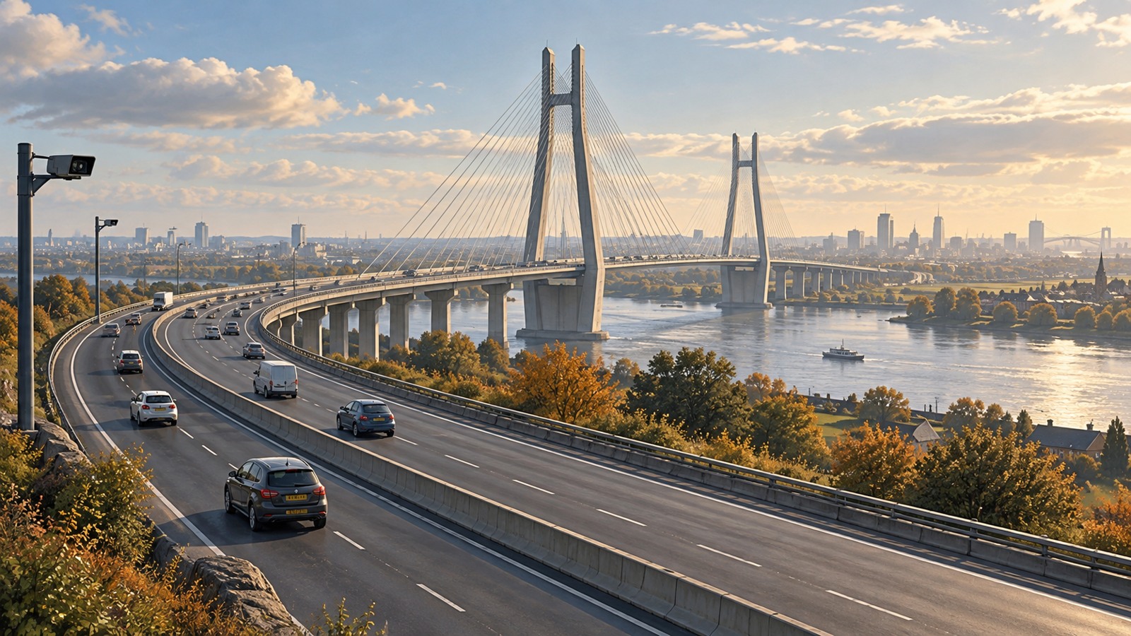 Editorial illustration of cars and a van approaching a cable-stayed bridge over a river, with a distant city skyline and roadside cameras.