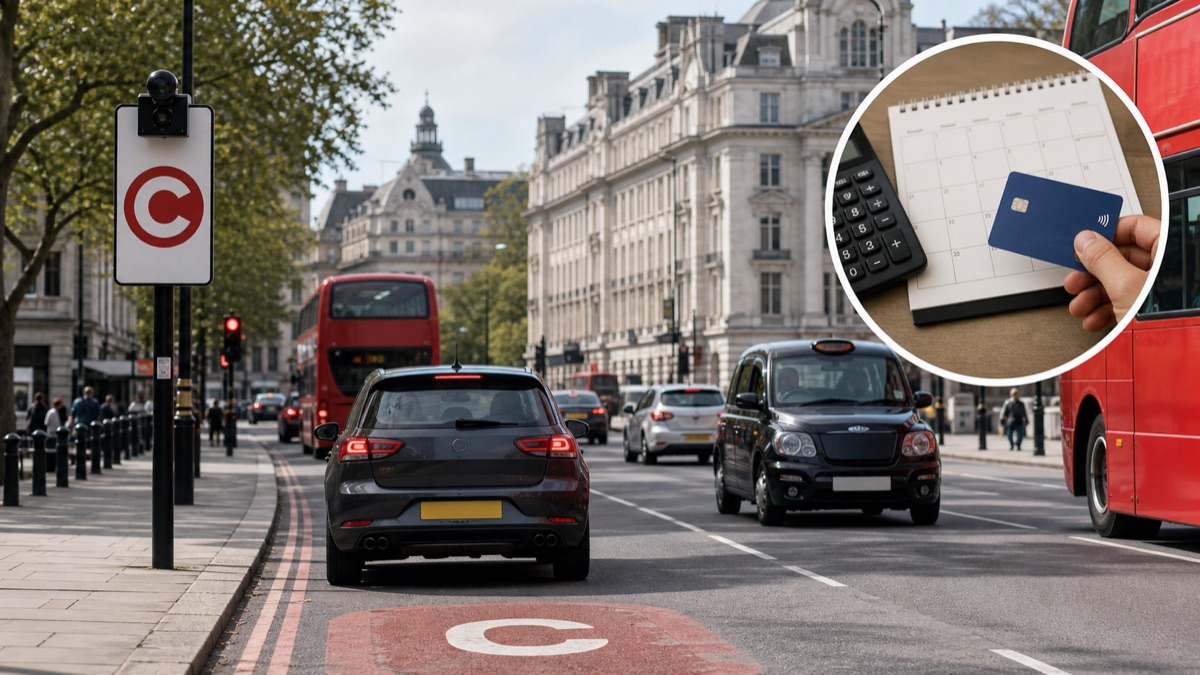 A central London street with cars, buses, and a subtle calendar and payment-card overlay.