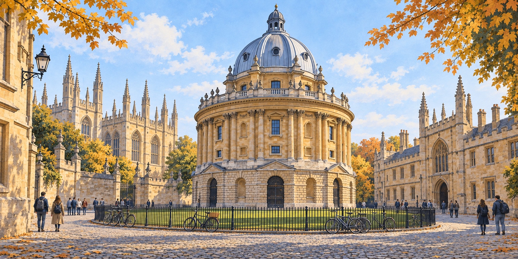 Editorial illustration of Oxford’s Radcliffe Camera in Radcliffe Square, with honey-coloured college buildings and bicycles beside the railings.