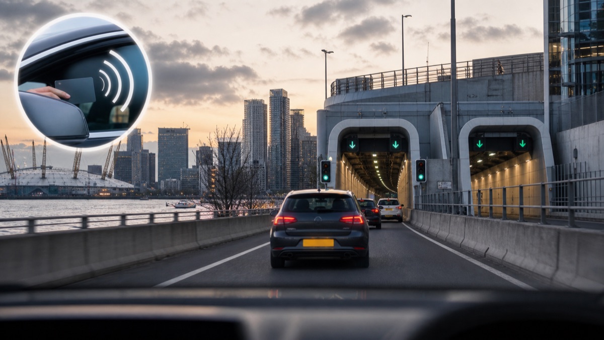 A car approaching twin east London tunnel portals with a subtle contactless payment overlay.