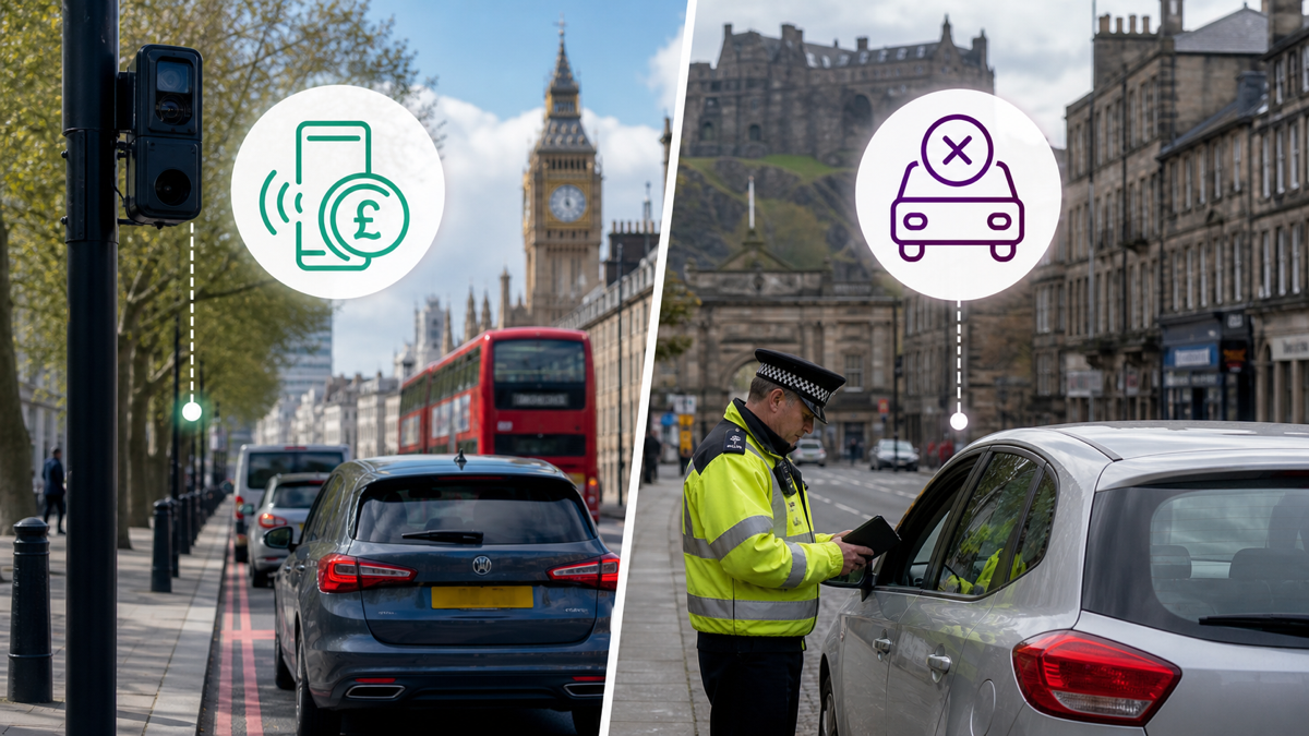 Photo-realistic split street scene comparing a payment check with a restriction and enforcement cue.