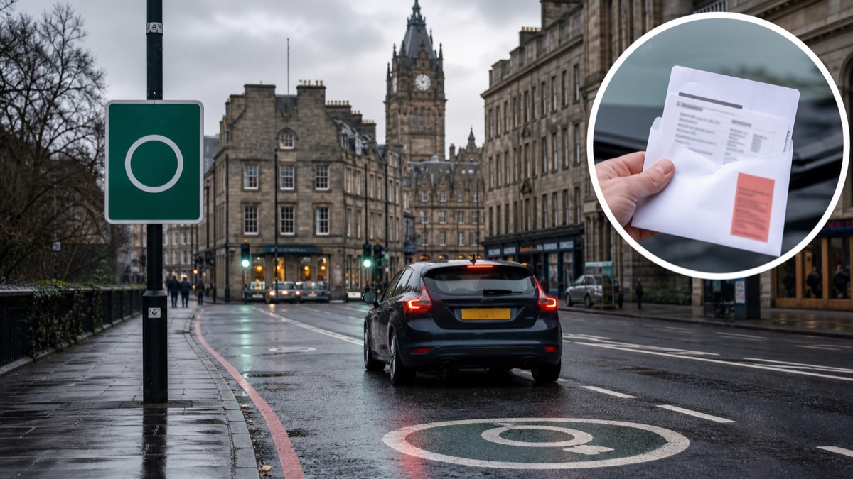 A car in a Scottish city street beside a low-emission-zone-style boundary and a penalty-notice overlay.