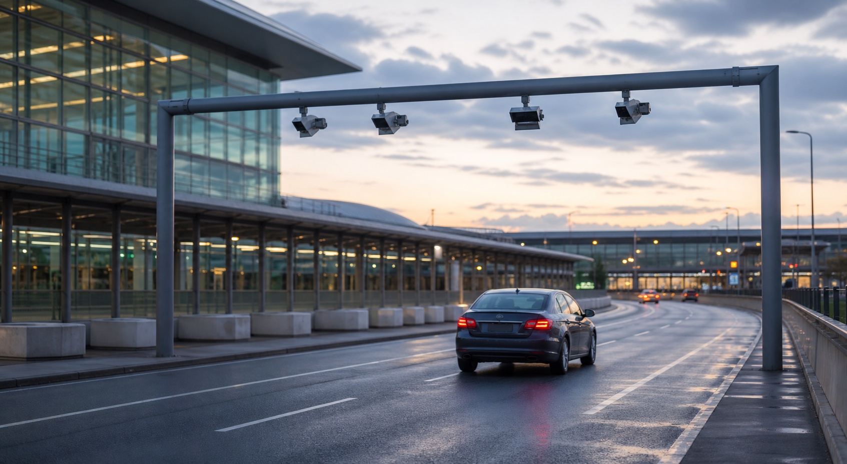 Photo-realistic airport access lane with a car passing under ANPR cameras and no payment barrier.