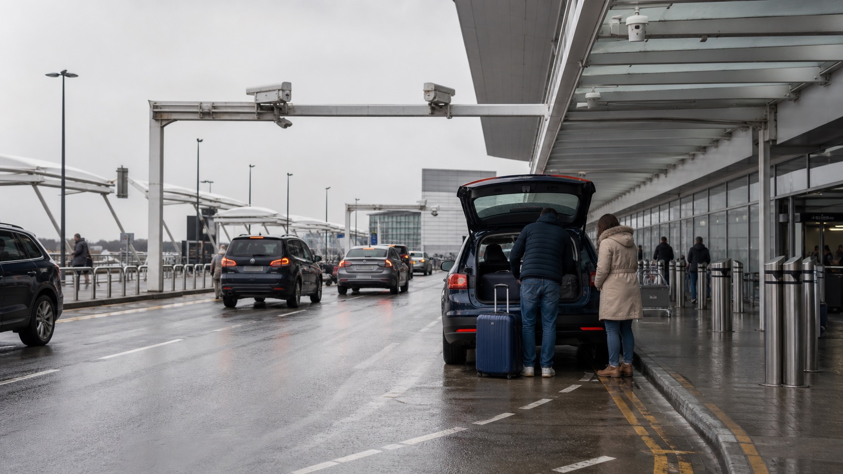 Photo-realistic airport terminal drop-off lane with cars, luggage, wet road markings, and ANPR cameras above the forecourt.