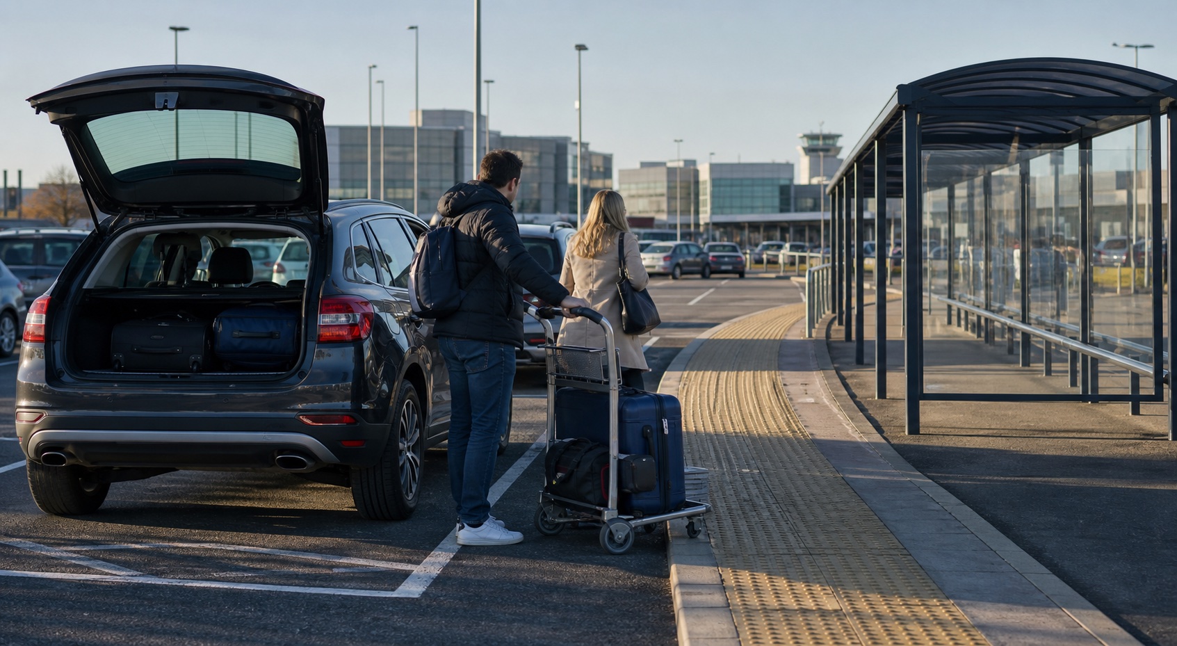 Photo-realistic airport remote car park with luggage, a family car, a shelter, and an accessible pavement route.