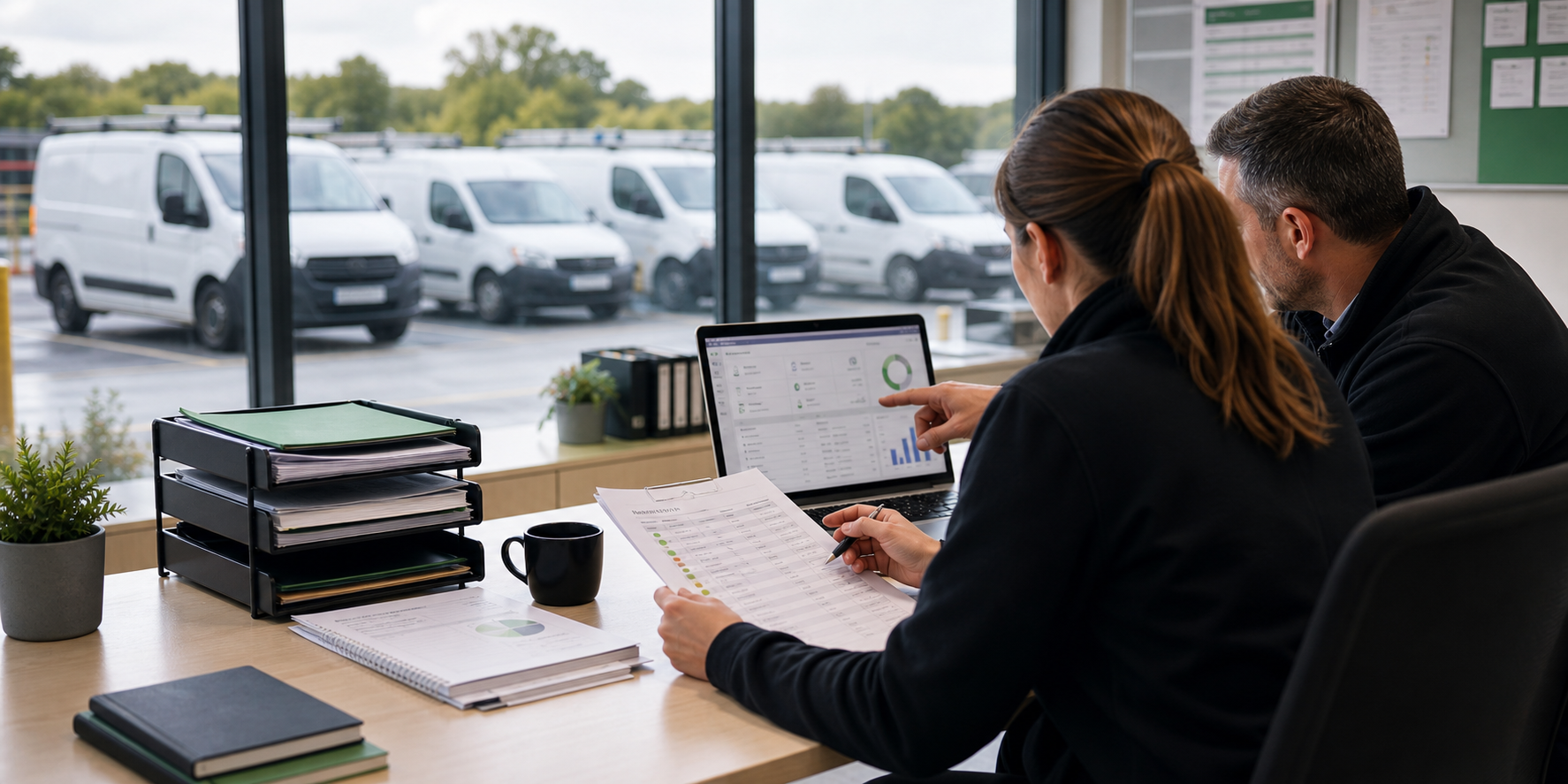 Fleet managers reviewing vehicle assignments with vans visible outside a depot office