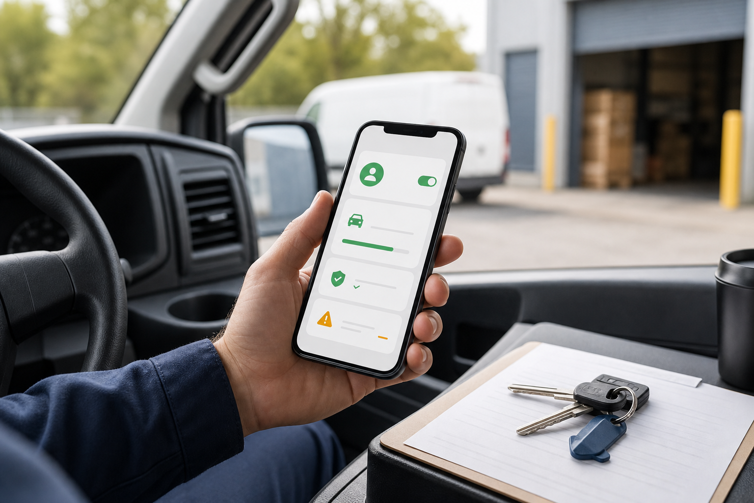Driver reviewing a visible work driving sharing state on a phone while parked at a depot