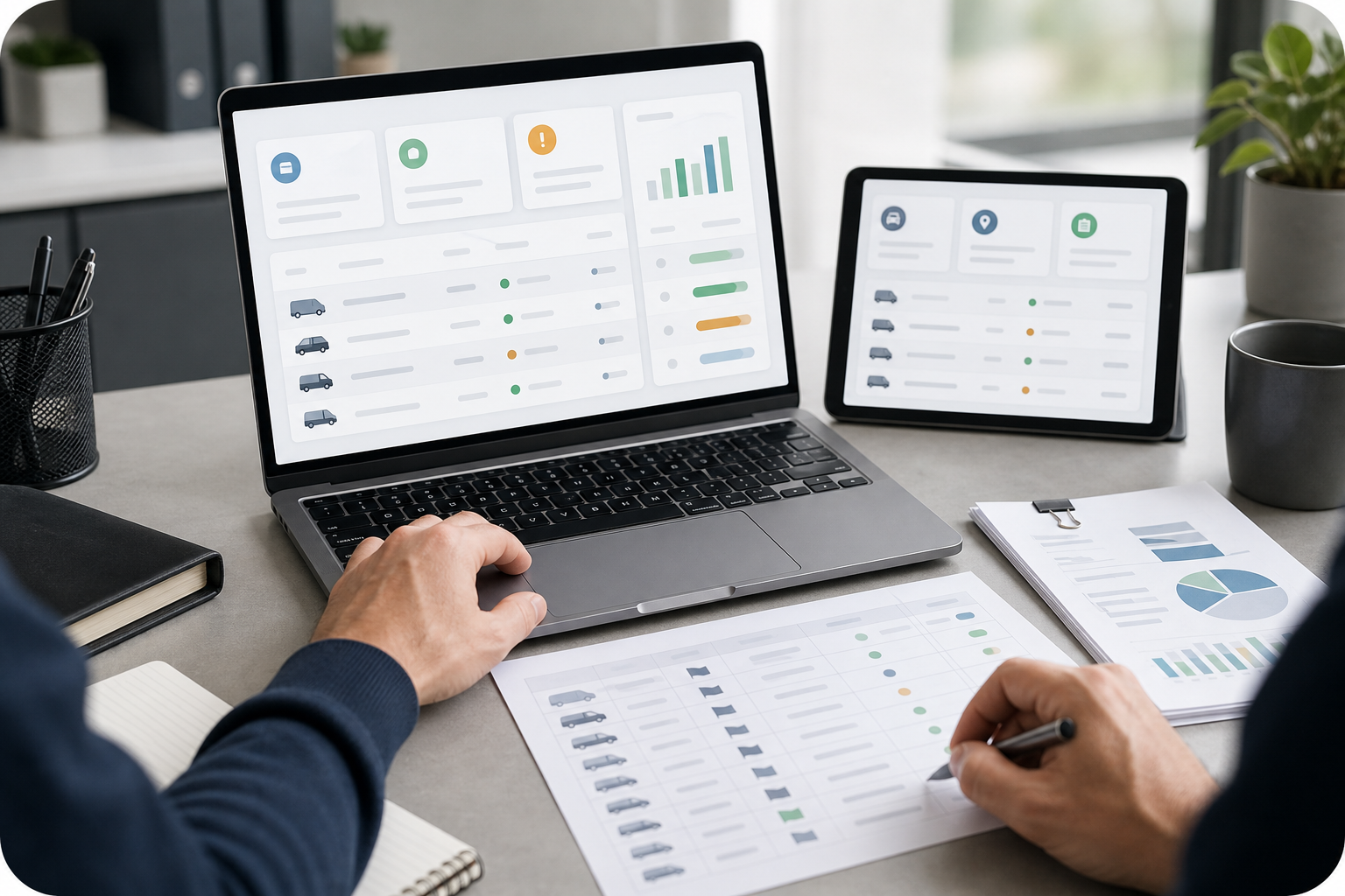 Fleet charge-review dashboard on a laptop with finance export paperwork on a desk