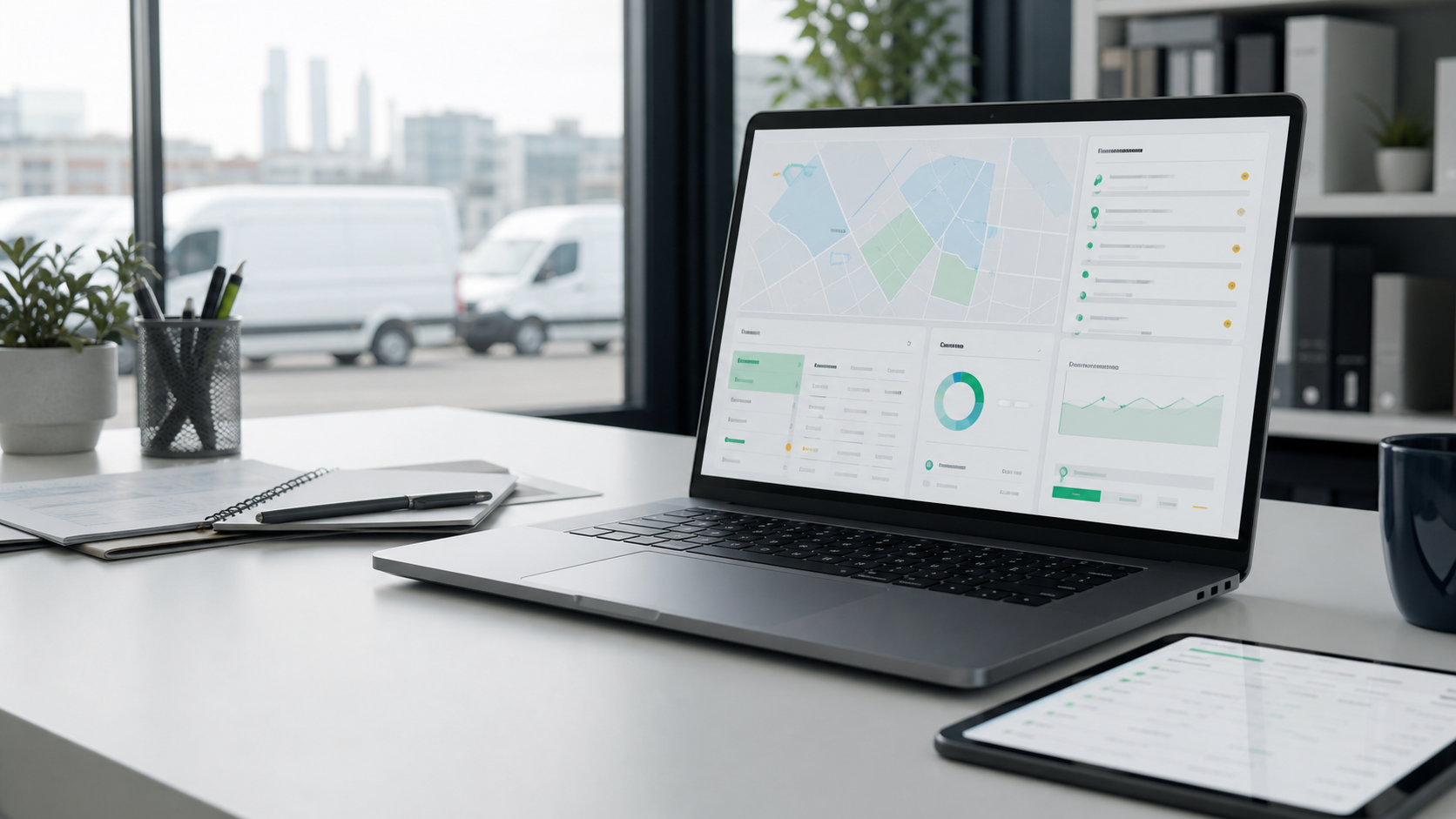 Fleet operations desk with an abstract charge-event dashboard and work vehicles outside