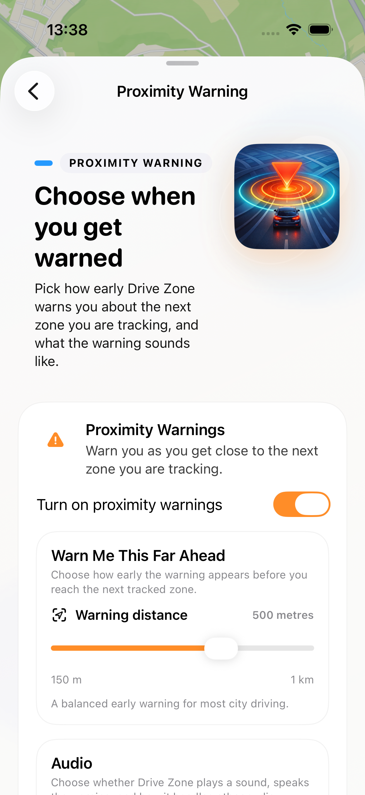 Proximity warning settings preview